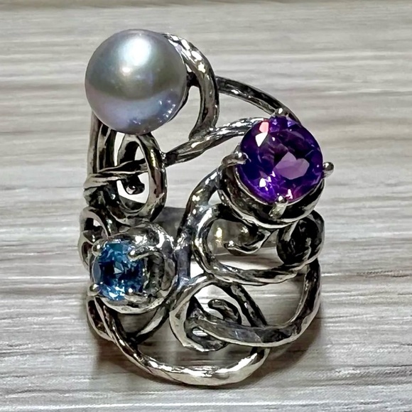 Designer Or Paz Sterling Silver Amethyst, Pearl, & Blue Topaz Ring, Size 5 - Picture 2 of 9
